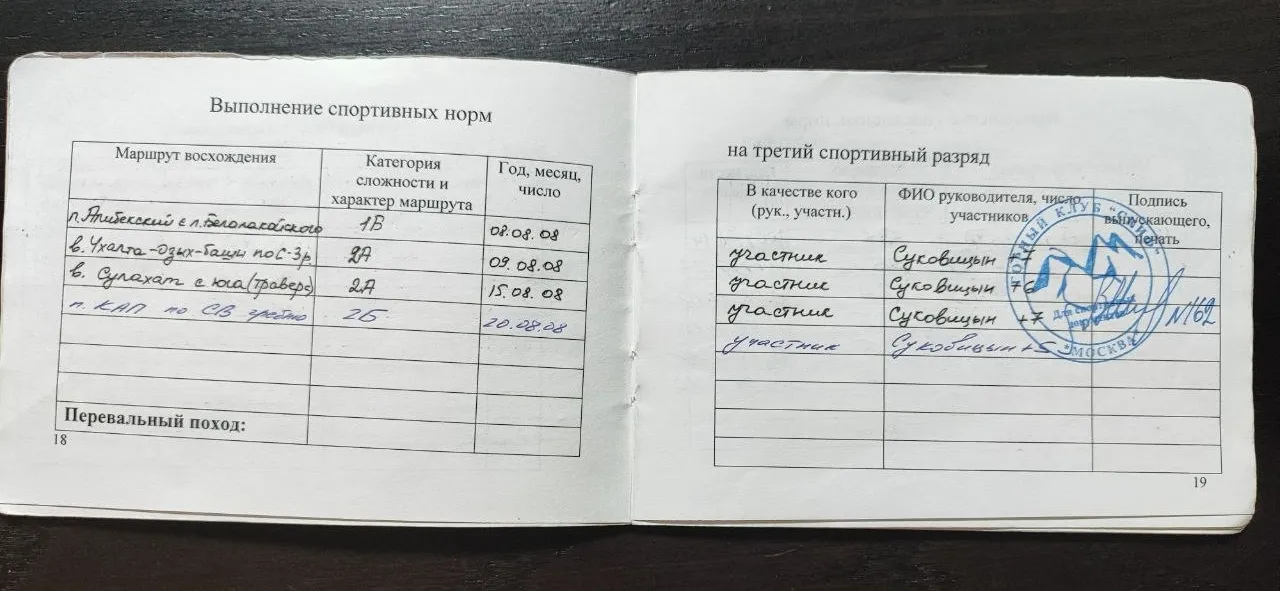 Разворот книжки альпиниста с записями о восхождениях и печатью клуба